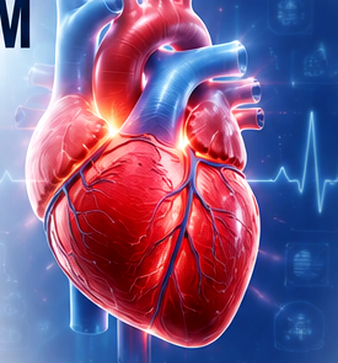 Detailed anatomical heart with ECG and digital cardiovascular technology visualization